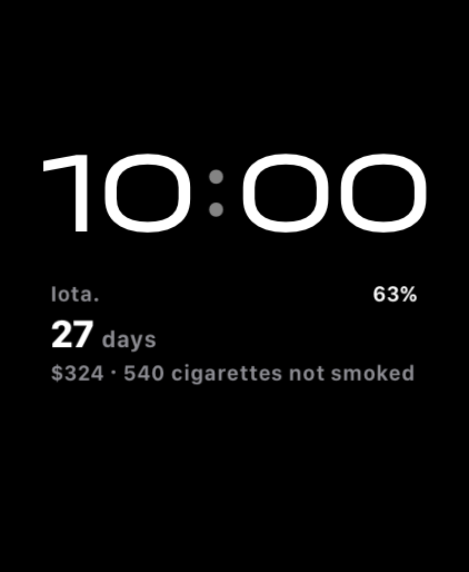 Iota. current streak displayed on the Apple Watch, with the craving button one tap away