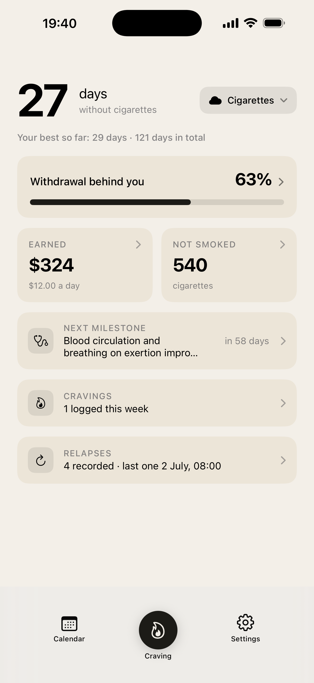 Iota. setup screen for choosing what to quit: cigarettes, vape, alcohol, gambling or your own