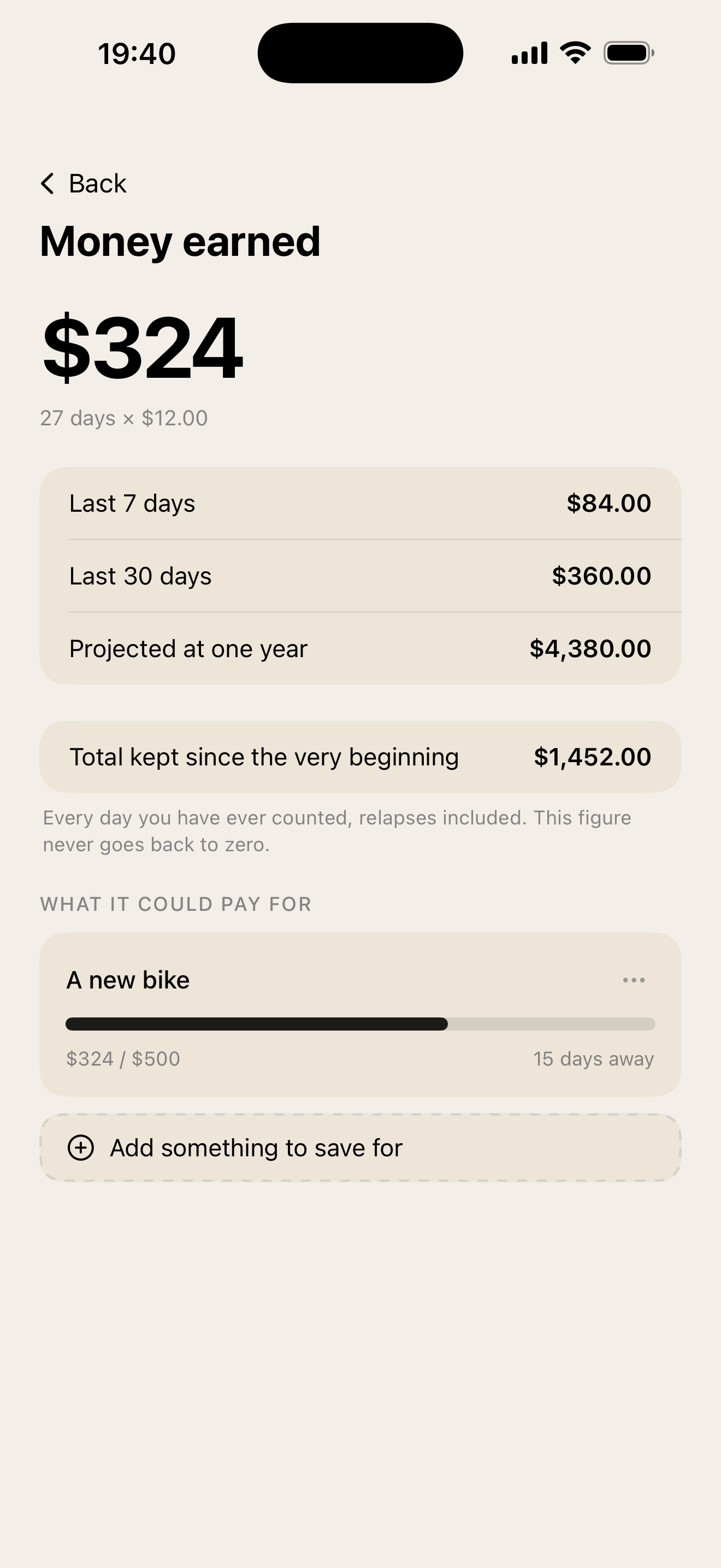 Iota. progress page with money saved, units avoided and the trend of cravings and relapses