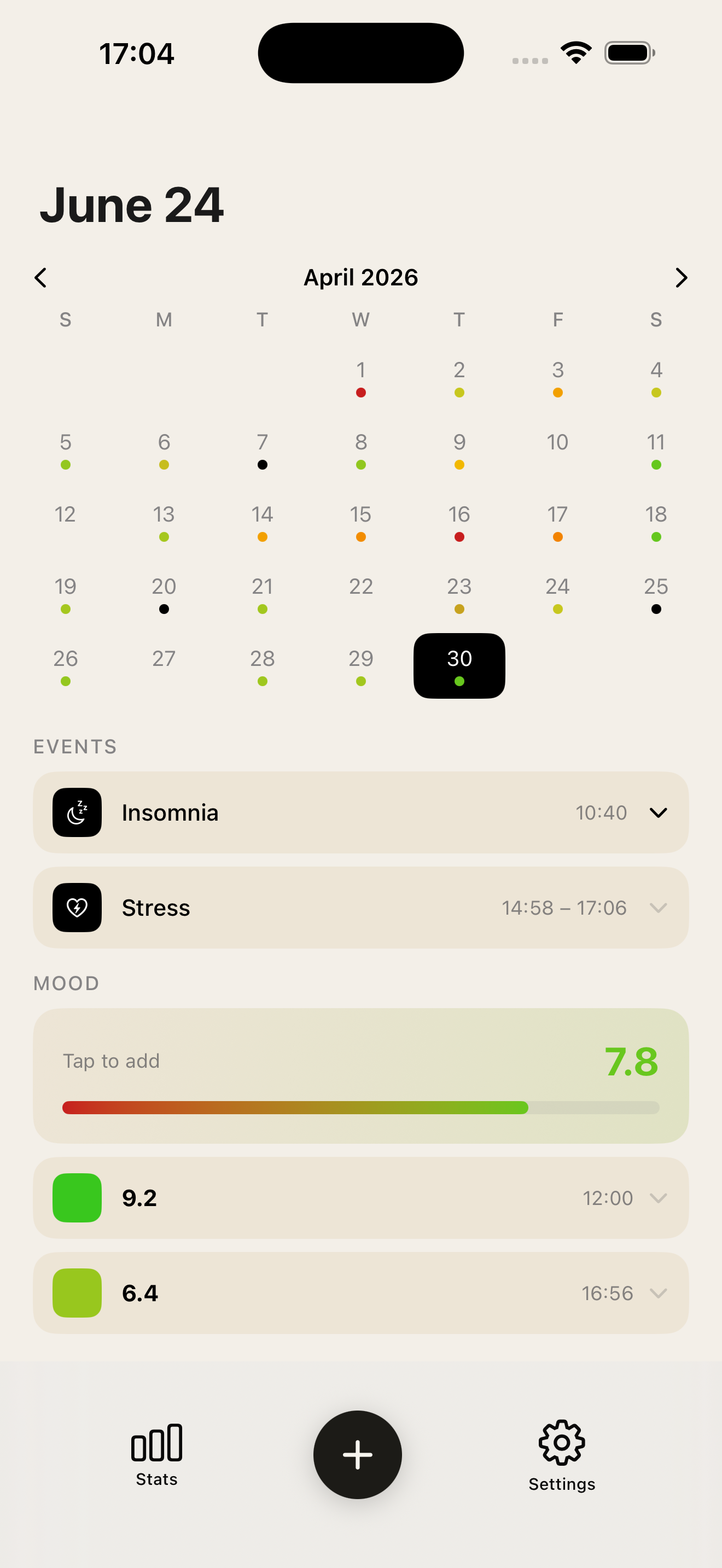 Mu. home screen with the daily mood bar and the events logged today