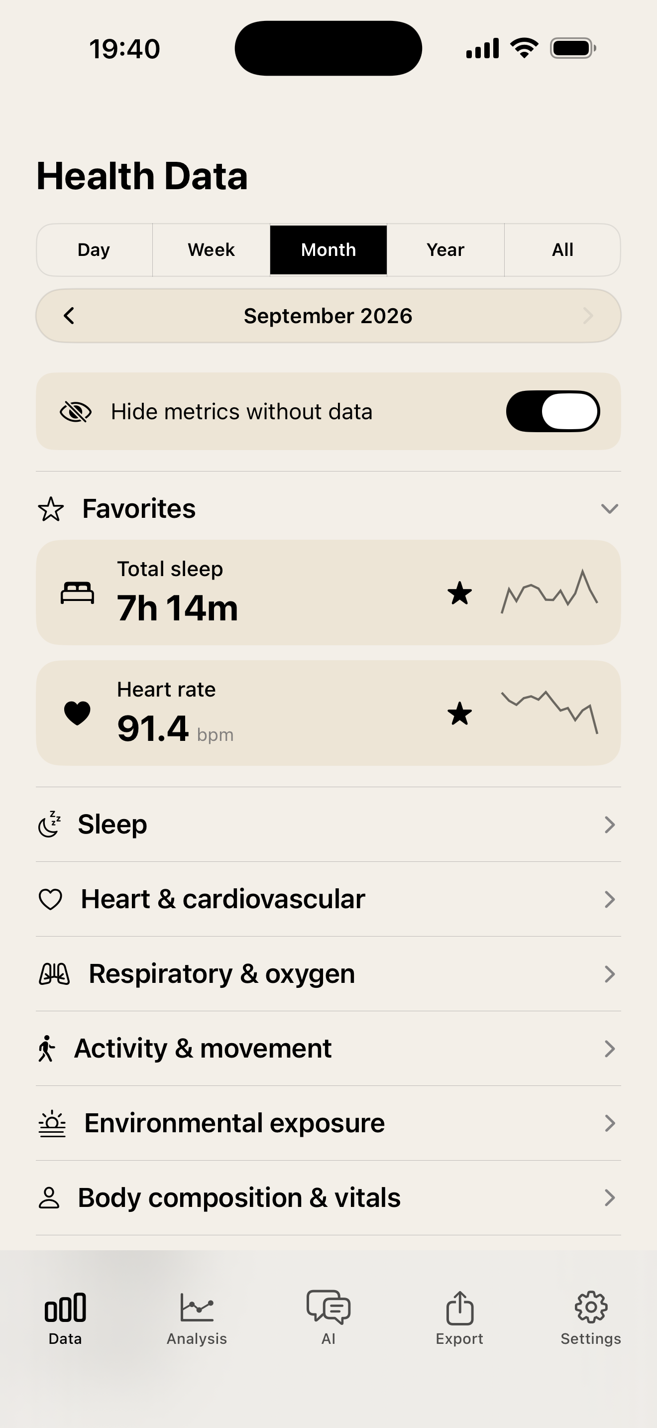 Tau. home screen on iPhone showing the 218 Apple Health metrics available for analysis