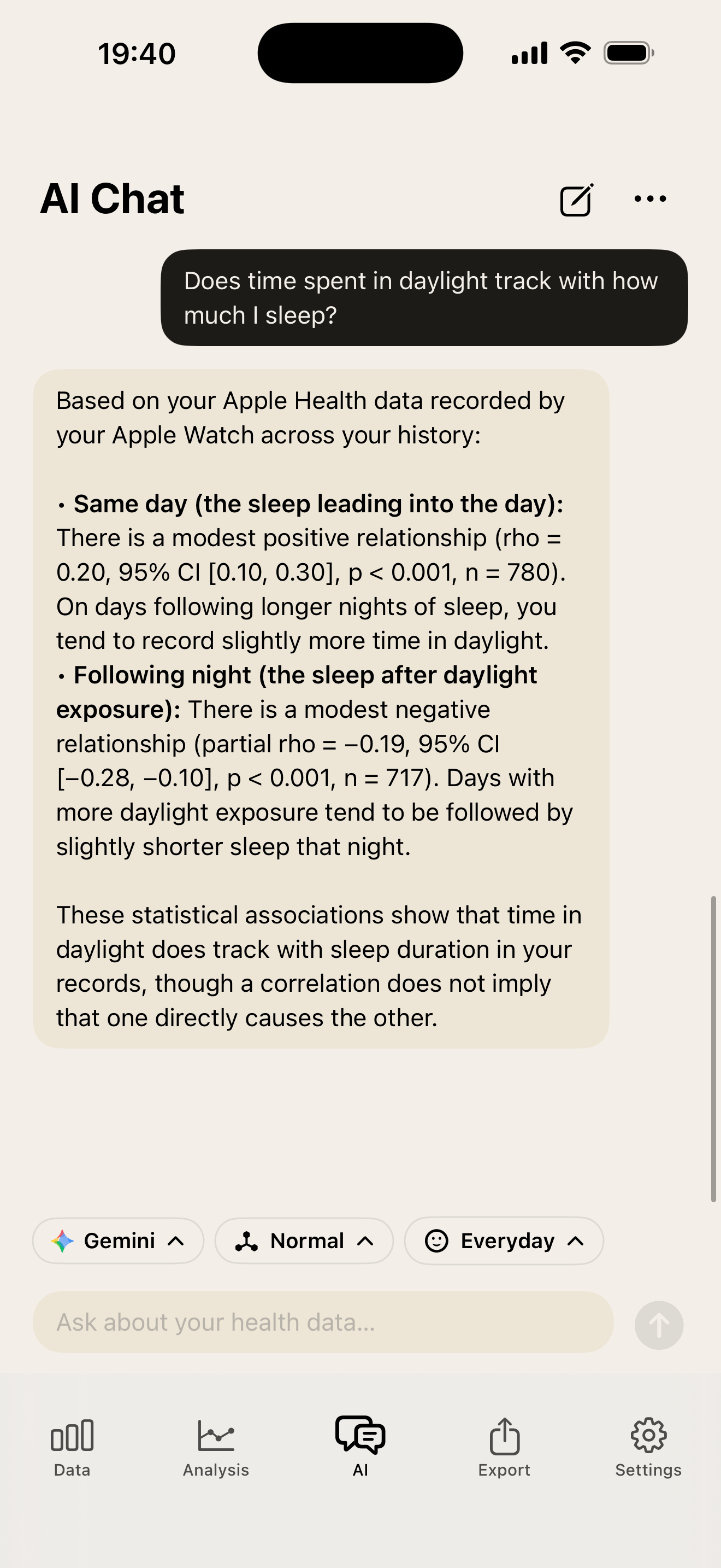 Spearman correlation between two Apple Health metrics, computed on device in Tau.