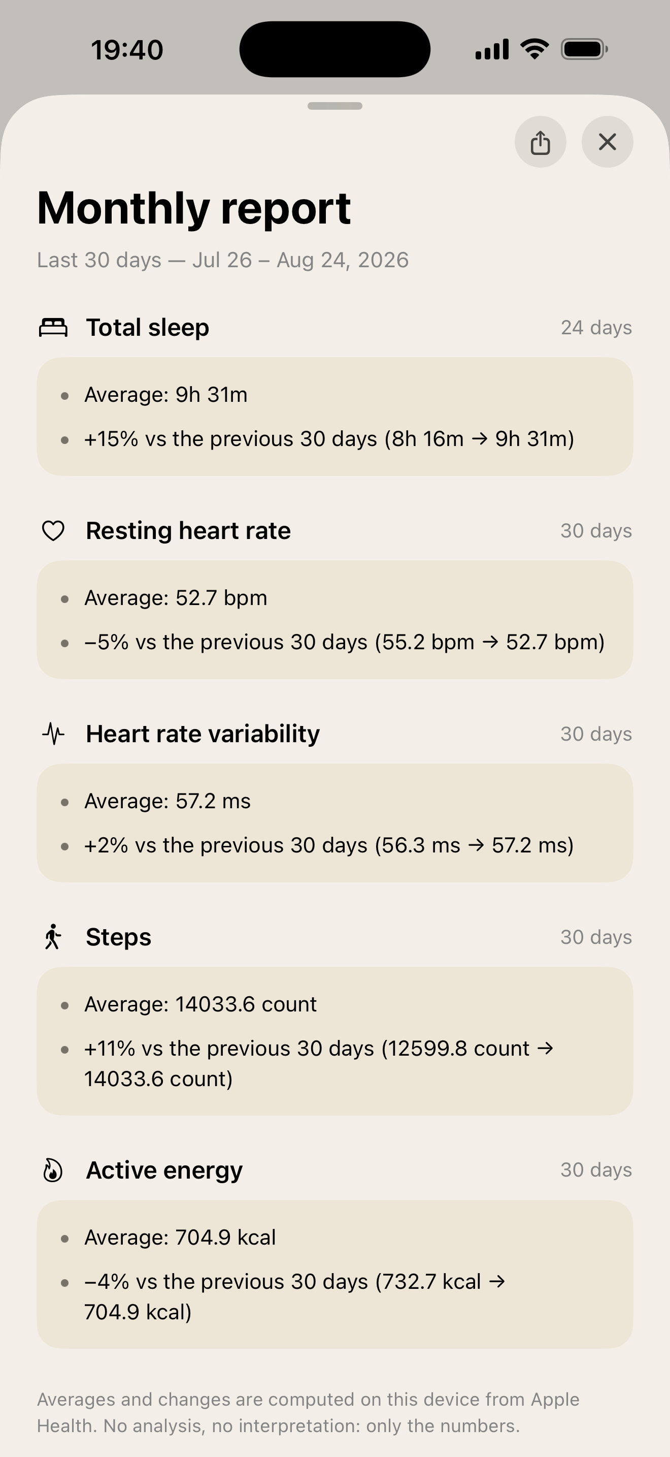 Tau. built-in AI chat answering a question about personal Apple Health data in plain language