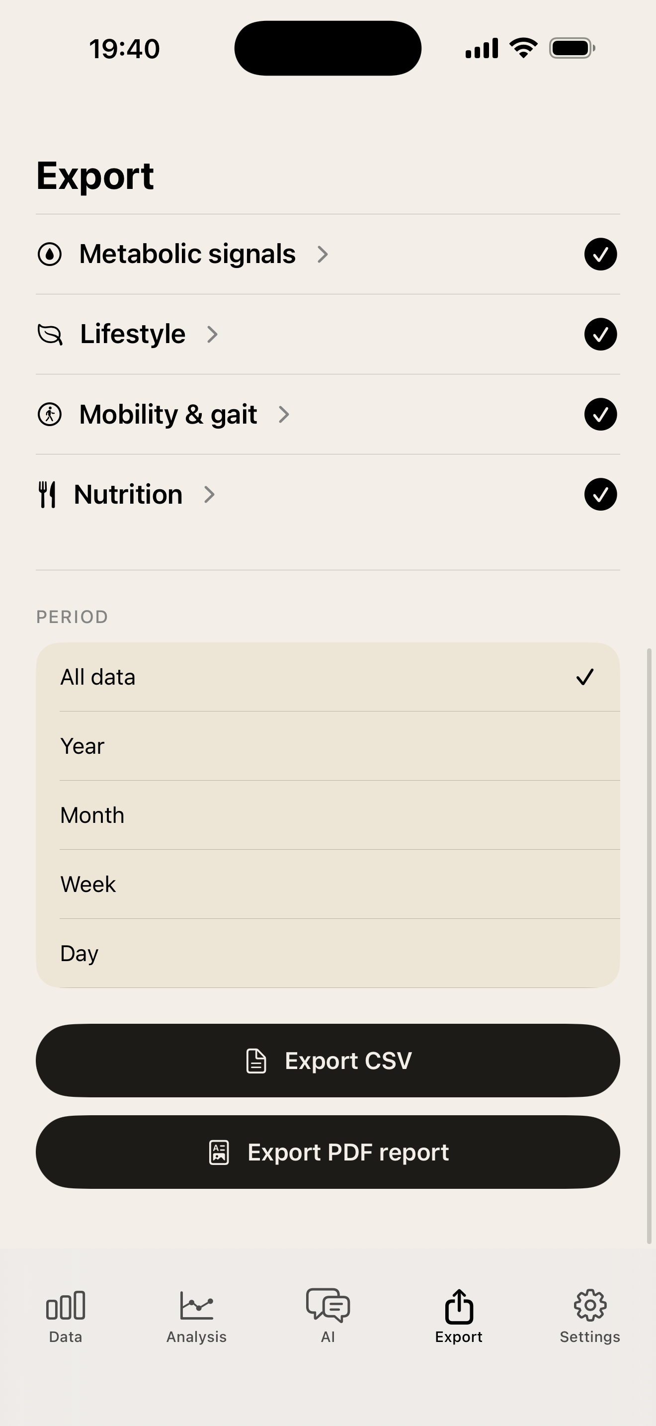 Tau. AI provider and model picker, with export options for a health report or raw data